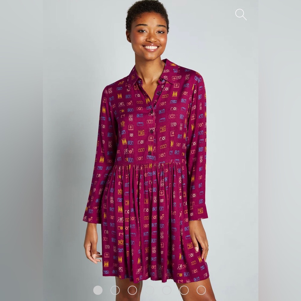 ModCloth Circus Worth A Thousand Words Burgundy Shirt Dress Size L UK14